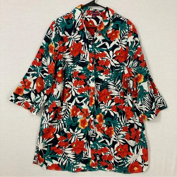 Jessica London Red Green Floral Linen Blend Button Down size 18 - Picture 1 of 10